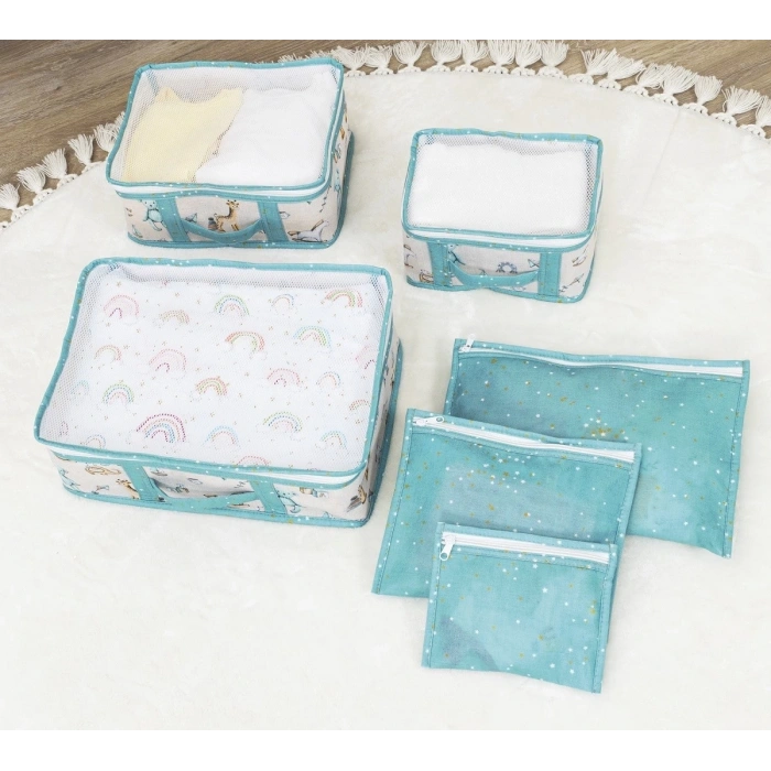 6Lı Desenli Fileli Bavul Valiz İçi Düzenleyici Çok Amaçlı Organizer (Yeşil)