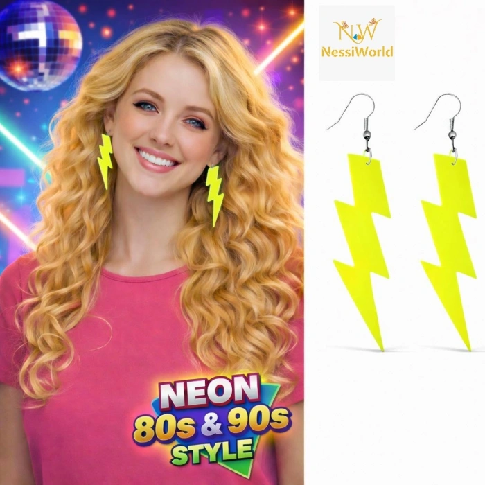 80’ler 90'lar Retro Neon Sarı Şimşek Küpe 10 cm