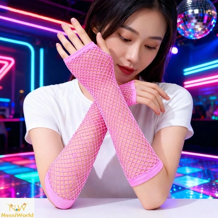 80’ler 90’lar Retro Neon Pembe File Parmaksız Eldiven 26 cm