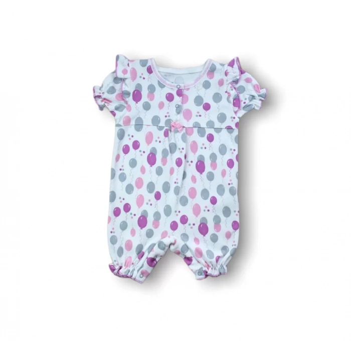 9-12 12-18 18-24 Ay Cuçan Balon Baskılı Kısa Kollu Kız Bebek Tulumu Ekru