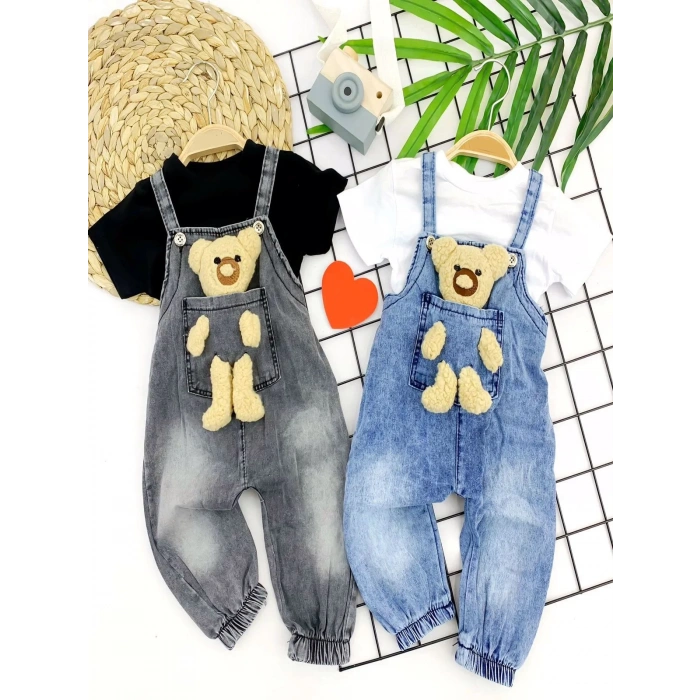 9-12-18-24 Ay Ayıcıklı Cep Kot Kumaş Tişörtlü 2Li Kız Erkek Bebek Salopet Takımı Mavi