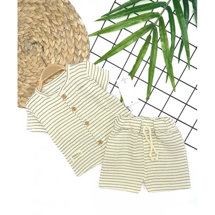9-12-18-24 Ay Düğme Detaylı Çizgili Müslin Kumaş Yazlık 2Li Erkek Bebek Takımı