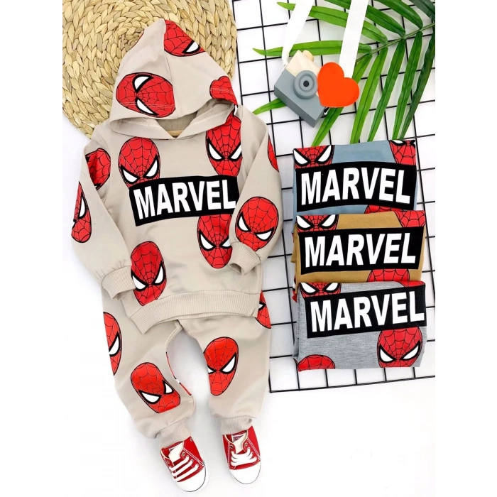 9-12-18-24 Ay Kapşonlu Örümcek Adam Baskılı Uzun Kollu 3Lü Kız Erkek Bebek Takımı Hardal