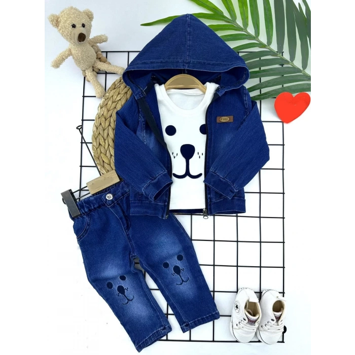 9-12-18-24 Ay Kot Kumaş Kapşonlu Uzun Kol Sweatli Kot Kumaş 3Lü Erkek Bebek Takımı Mavi