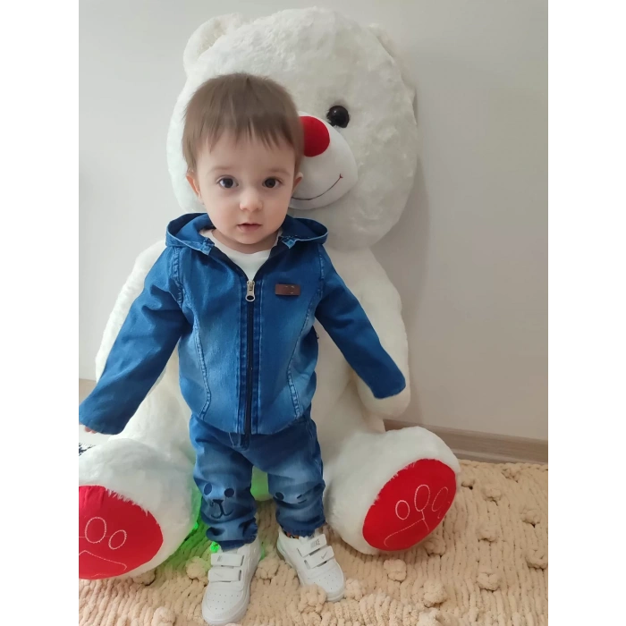 9-12-18-24 Ay Kot Kumaş Kapşonlu Uzun Kol Sweatli Kot Kumaş 3Lü Erkek Bebek Takımı Mavi