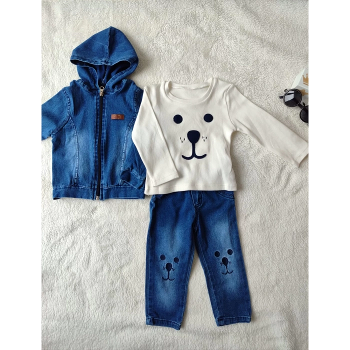 9-12-18-24 Ay Kot Kumaş Kapşonlu Uzun Kol Sweatli Kot Kumaş 3Lü Erkek Bebek Takımı Mavi