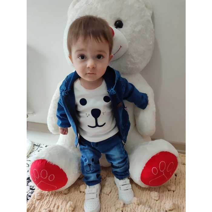 9-12-18-24 Ay Kot Kumaş Kapşonlu Uzun Kol Sweatli Kot Kumaş 3Lü Erkek Bebek Takımı Mavi