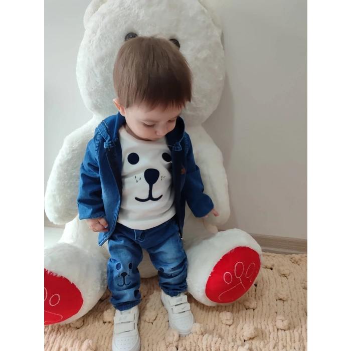 9-12-18-24 Ay Kot Kumaş Kapşonlu Uzun Kol Sweatli Kot Kumaş 3Lü Erkek Bebek Takımı Mavi