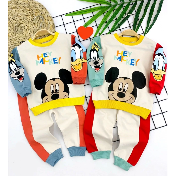 9-12-18-24 Ay Mickey Ve Arkadaşları Desenli Uzun Kollu Sweat 2Li Kız Erkek Bebek Takımı Mavi
