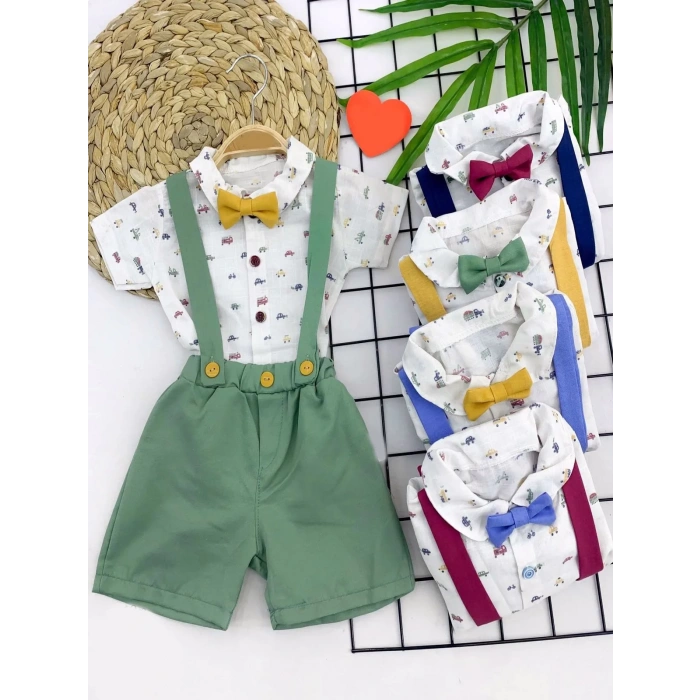 9-12-18-24 Ay Pamuk Keten Cepli Çizgili 2Li Erkek Bebek Salopet Takımı Sarı