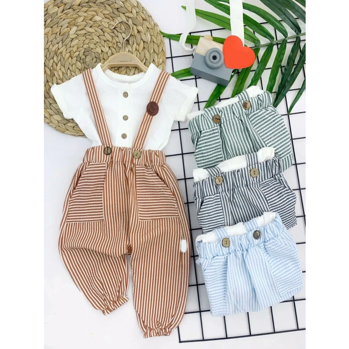 9-12-18-24 Ay Pamuk Keten Cepli Çizgili 2Li Erkek Bebek Salopet Takımı Yeşil