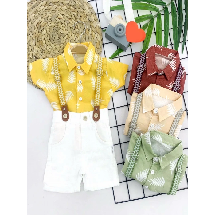 9-12-18-24 Ay Pamuk Keten Kumaş Hawai Gömlek Lastik Askılı 2Li Erkek Bebek Takımı Bej