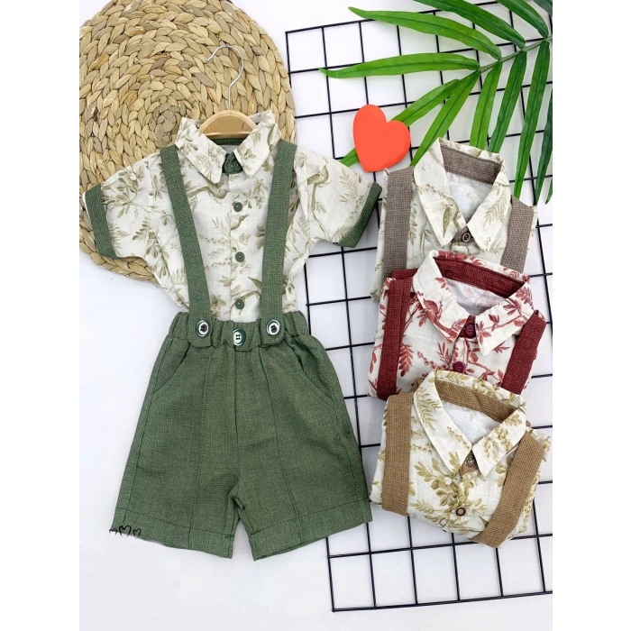9-12-18-24 Ay Pamuklu Kumaş Keten Kısa Kol Gömlek 2Li Erkek Bebek Salopet Takımı Kahverengi