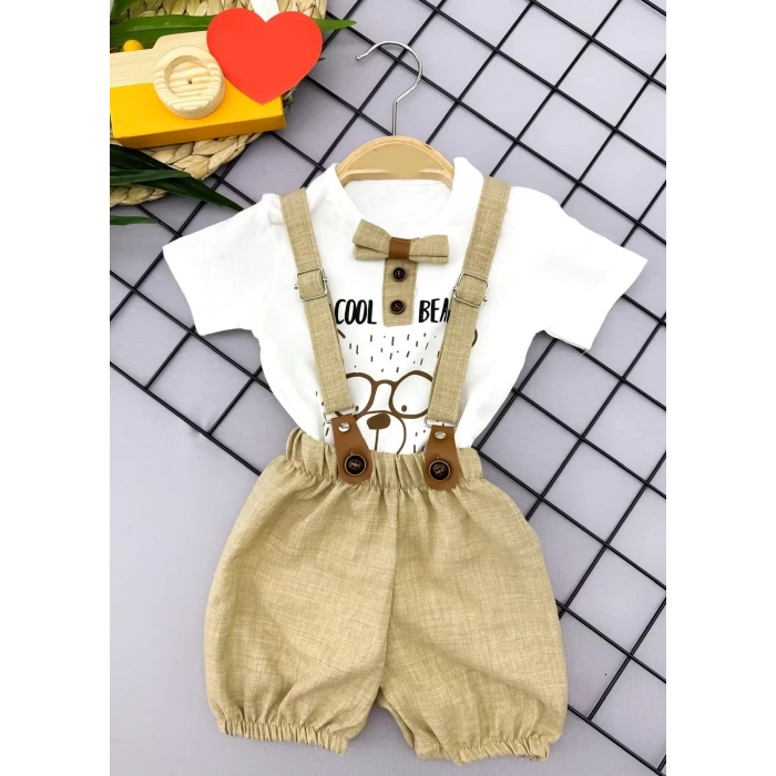 9-12-18-24 Ay Papyon Detaylı Keten Şort Salopet Tişörtlü 2Li Erkek Bebek Takımı