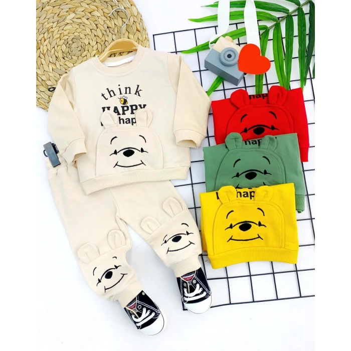 9-12-18-24 Ay Pohh Desenli Uzun Kollu Sweat 2Li Kız Erkek Bebek Takımı Krem