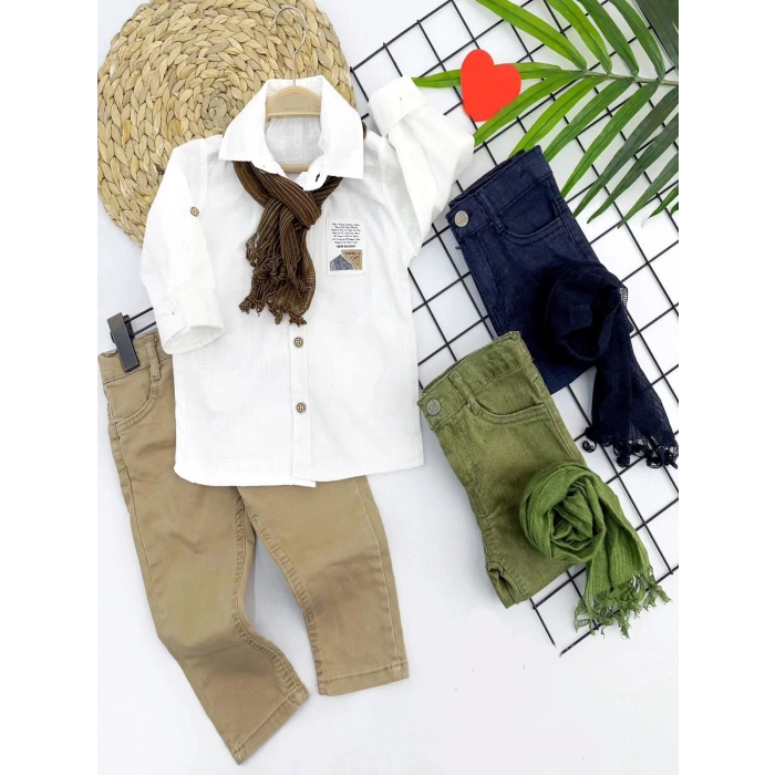 9-12-18-24 Ay Ve 3-4-5 Yaş Fularlı Pamuk Keten Gömlekli Pantolonlu 3Lü Erkek Bebek Takımı Bej
