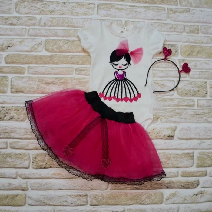 9-12-18 Ay Kalp Kız Nakışlı Taçlı Kısa Kollu Tütü Etek 3Lü Kız Bebek Takımı Fuşya