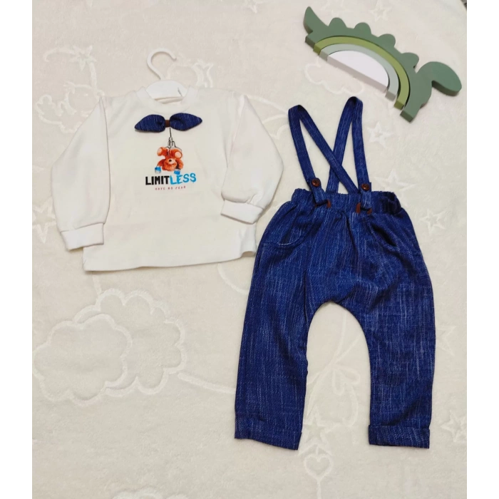 9-12-18 Ay Papyonlu Sweat Kot Pantolon 2Li Erkek Bebek Salopet Takımı Lacivert