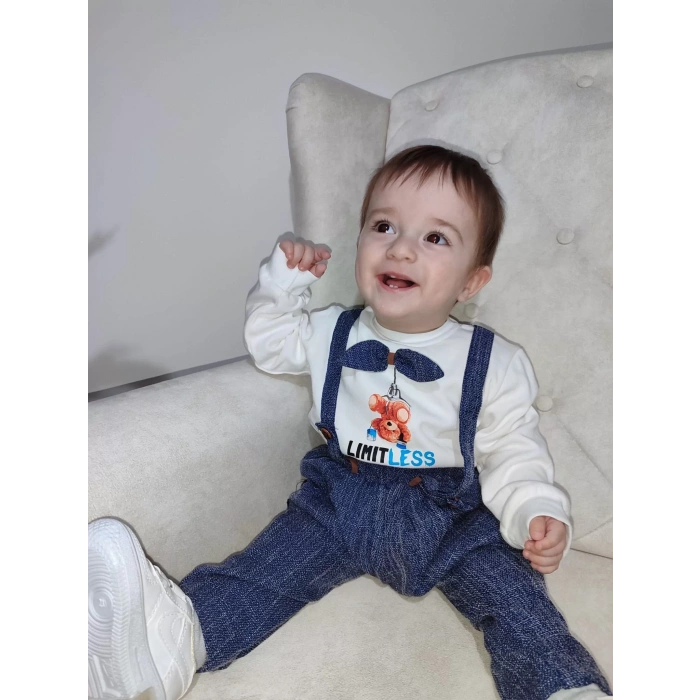 9-12-18 Ay Papyonlu Sweat Kot Pantolon 2Li Erkek Bebek Salopet Takımı Lacivert