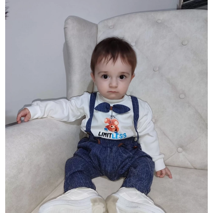 9-12-18 Ay Papyonlu Sweat Kot Pantolon 2Li Erkek Bebek Salopet Takımı Lacivert