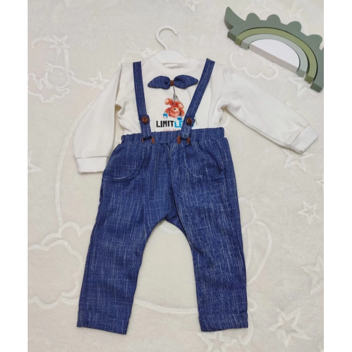 9-12-18 Ay Papyonlu Sweat Kot Pantolon 2Li Erkek Bebek Salopet Takımı Lacivert