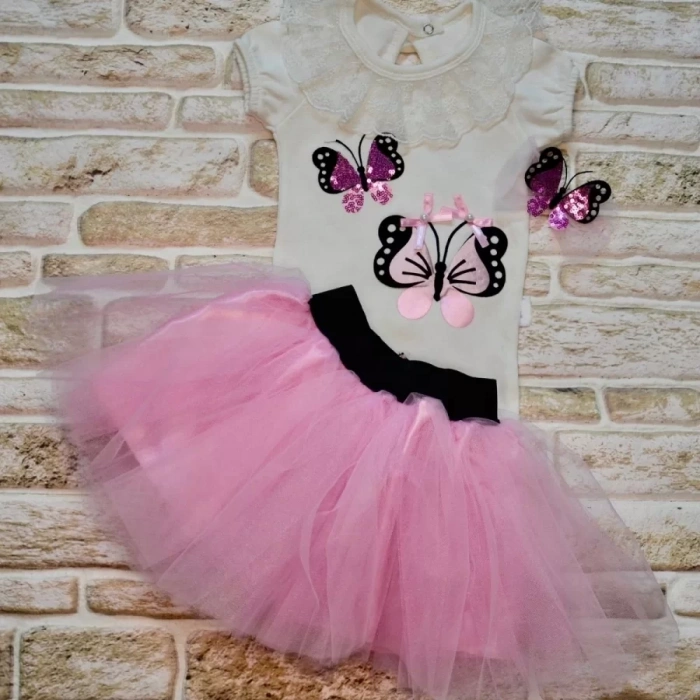 9-12-18 Ay Payetli Kelebek Nakışlı Taçlı Kısa Kollu Tütü Etek 3Lü Kız Bebek Takımı Lila