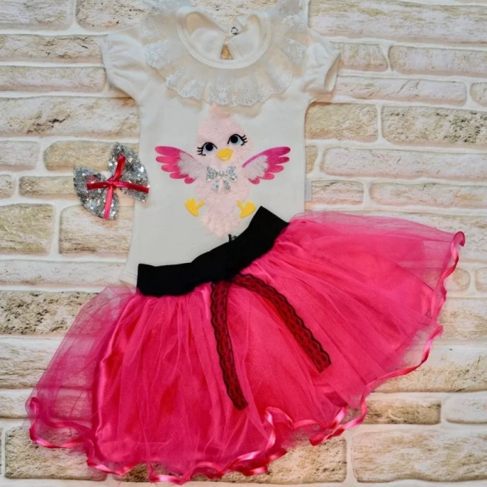 9-12-18 Ay Toka Hediyeli Kuş Desenli Tişört Tütü Etek 2Li Kız Bebek Takımı Fuşya