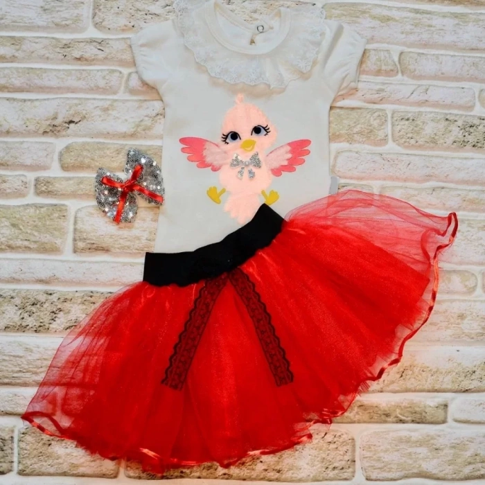 9-12-18 Ay Toka Hediyeli Kuş Desenli Tişört Tütü Etek 2Li Kız Bebek Takımı Kırmızı