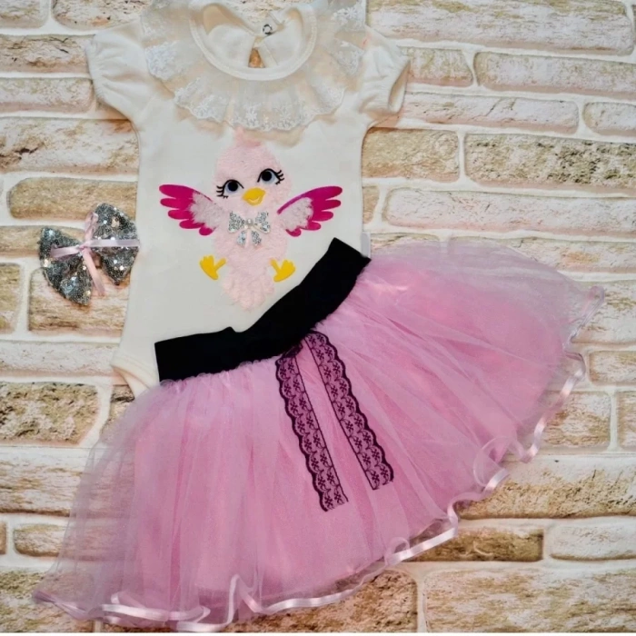 9-12-18 Ay Toka Hediyeli Kuş Desenli Tişört Tütü Etek 2Li Kız Bebek Takımı Lila