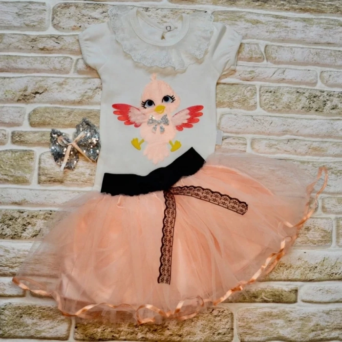 9-12-18 Ay Toka Hediyeli Kuş Desenli Tişört Tütü Etek 2Li Kız Bebek Takımı Pudra