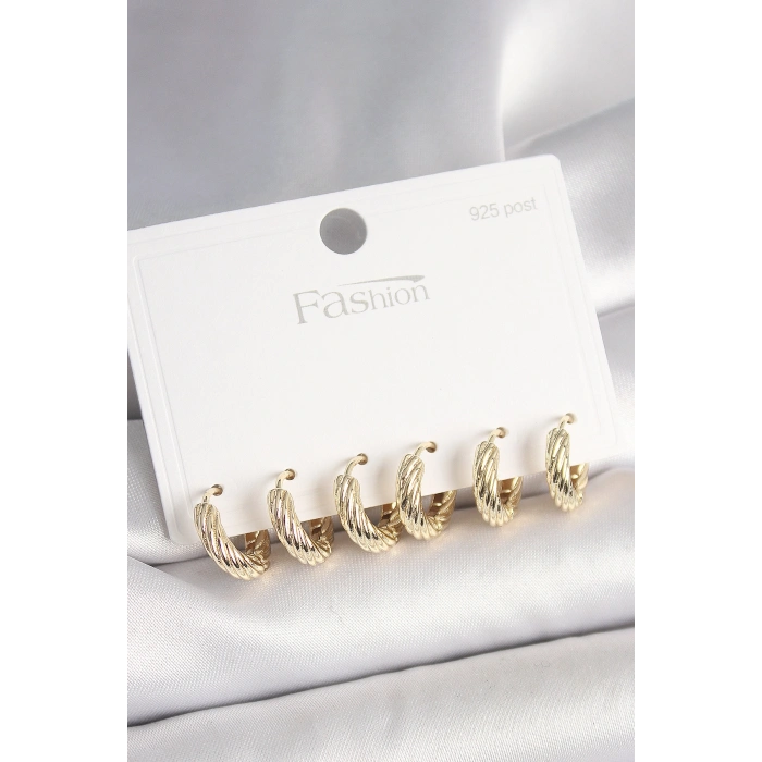 925 Ayar Gümüş Çivi Pirinç Gold Renk İşlemeli Halka Model Kadın Küpe Seti