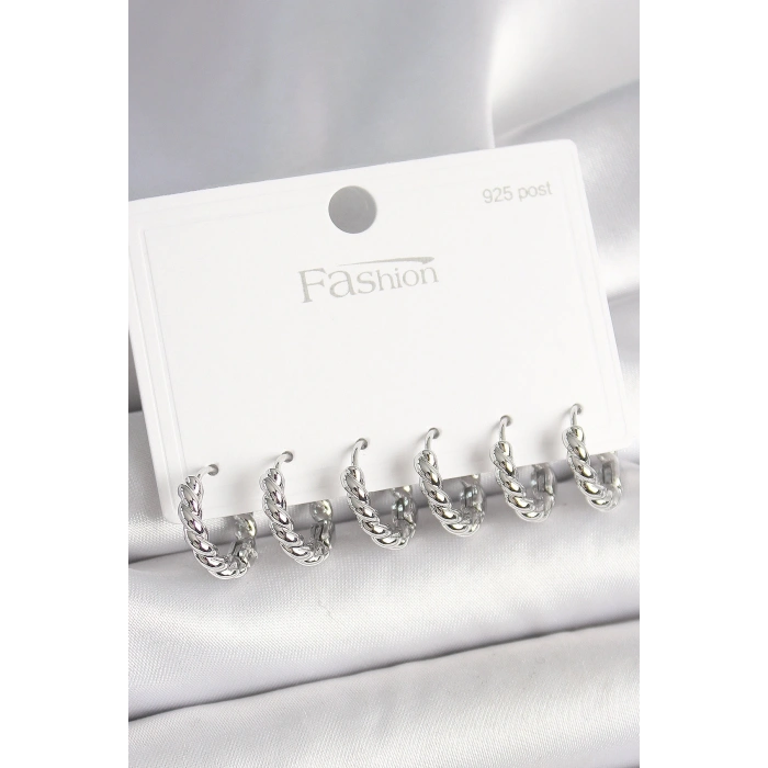 925 Ayar Gümüş Çivi Pirinç Gümüş Renk Sarmal Halka Model Kadın Küpe Seti