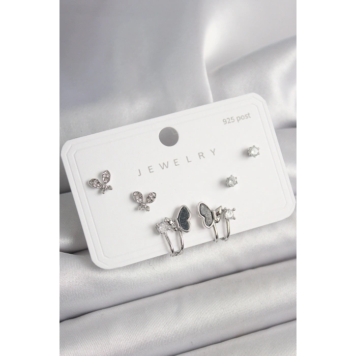 925 Ayar Gümüş Çivi Pirinç Gümüş Renk Zirkon Taşlı Kelebek Model Kadın Küpe Seti