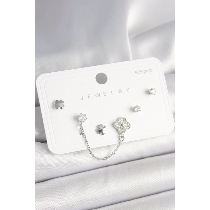 925 Ayar Gümüş Çivi Pirinç Gümüş Renk Zirkon Taşlı Yonca Model Sallantı Zincir Detay Kadın Küpe Seti