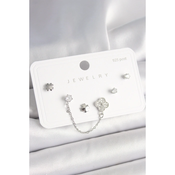 925 Ayar Gümüş Çivi Pirinç Gümüş Renk Zirkon Taşlı Yonca Model Sallantı Zincir Detay Kadın Küpe Seti