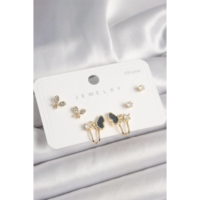 925 Ayar Gümüş Çivi Pirinç Zirkon Taşlı Kelebek Model Kadın Küpe Seti