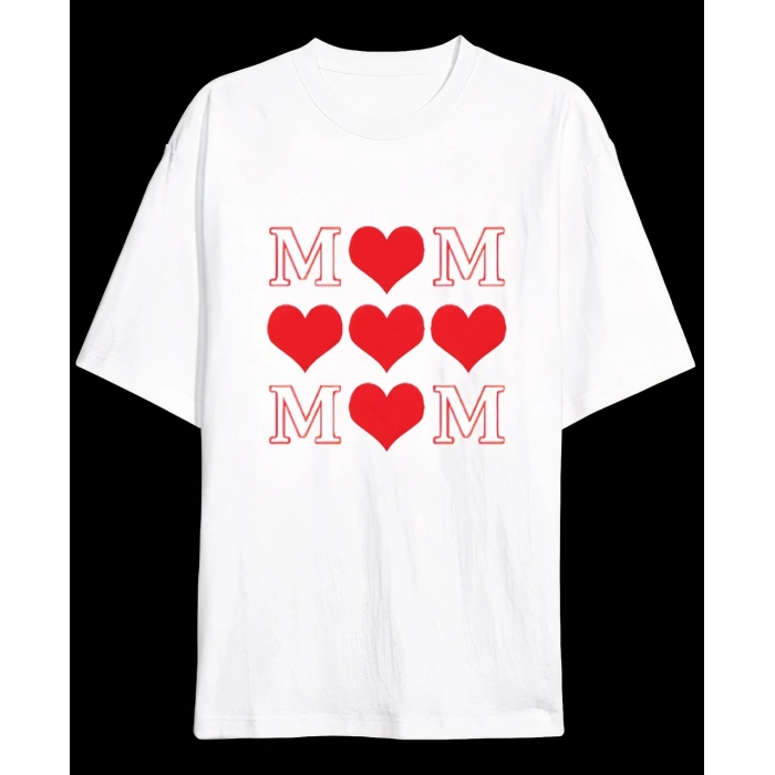 Anneler Gününe Özel Tasarım MOM Kalp Baskılı T-shirt - Beyaz