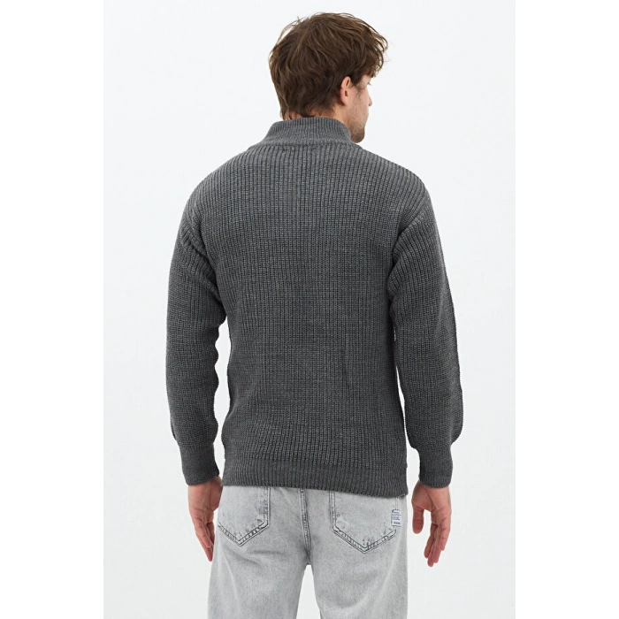 Antrasit Erkek Oversize Fermuarlı Balıkçı Triko Kazak