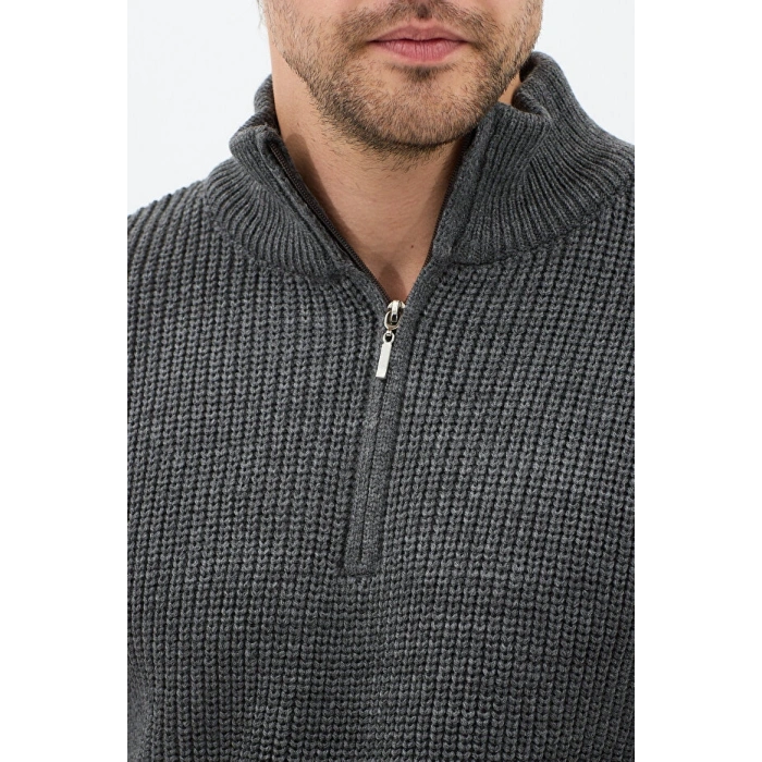 Antrasit Erkek Oversize Fermuarlı Balıkçı Triko Kazak