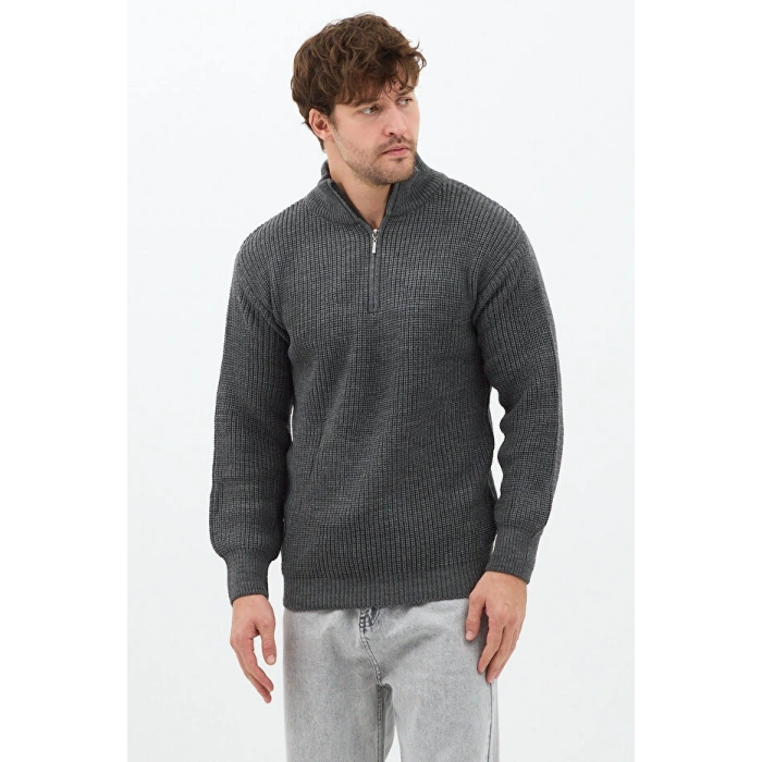 Antrasit Erkek Oversize Fermuarlı Balıkçı Triko Kazak