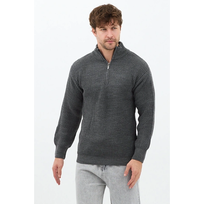 Antrasit Erkek Oversize Fermuarlı Balıkçı Triko Kazak