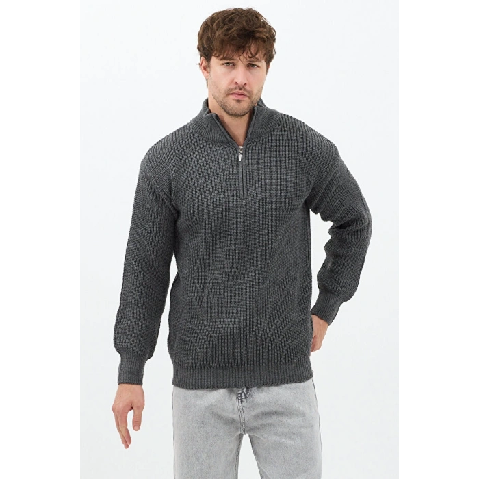 Antrasit Erkek Oversize Fermuarlı Balıkçı Triko Kazak