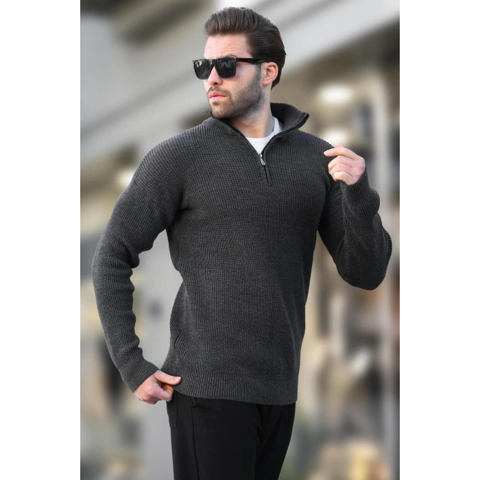Antrasit Fermuar Yaka Triko Erkek Kazak E7295