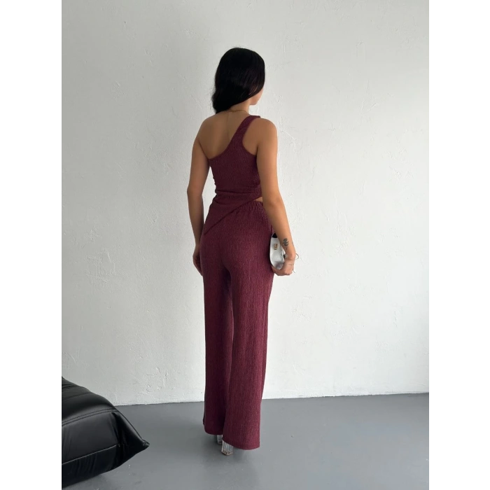 ASİMETRİK CROP PANTALON İKİLİ TAKIM - GÜL KURUSU