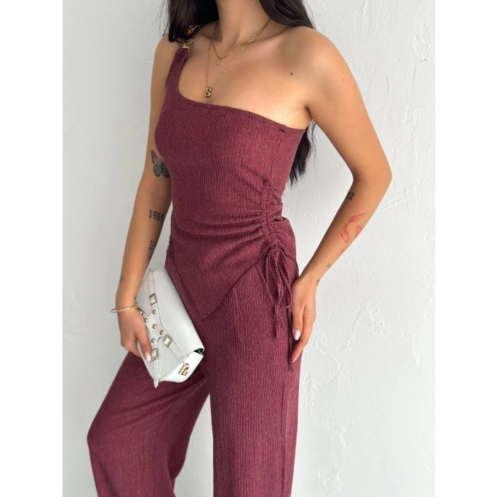 ASİMETRİK CROP PANTALON İKİLİ TAKIM - GÜL KURUSU