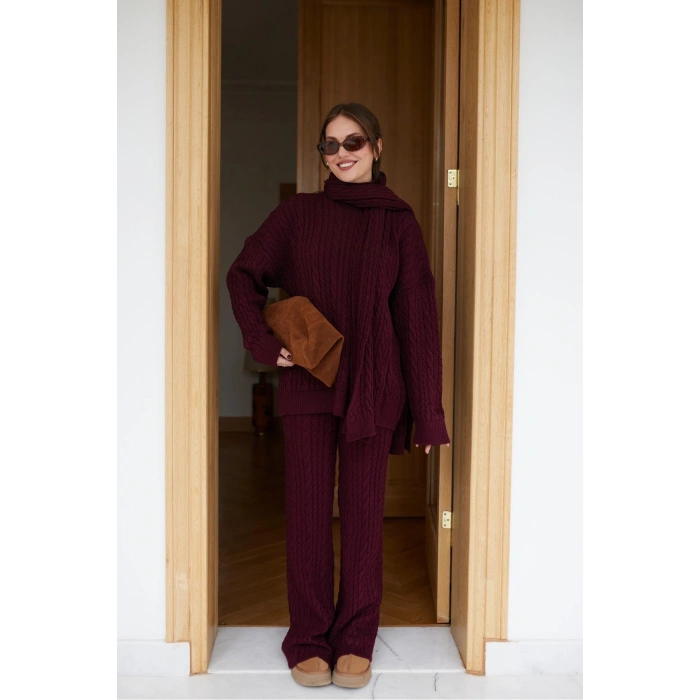 Aurane Bordo Atkılı Saç Örgülü Triko Pantolon Takım