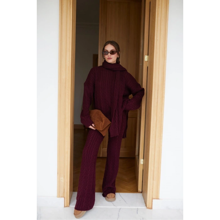 Aurane Bordo Atkılı Saç Örgülü Triko Pantolon Takım