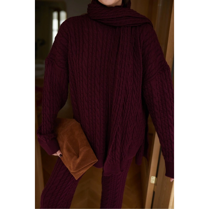 Aurane Bordo Atkılı Saç Örgülü Triko Pantolon Takım