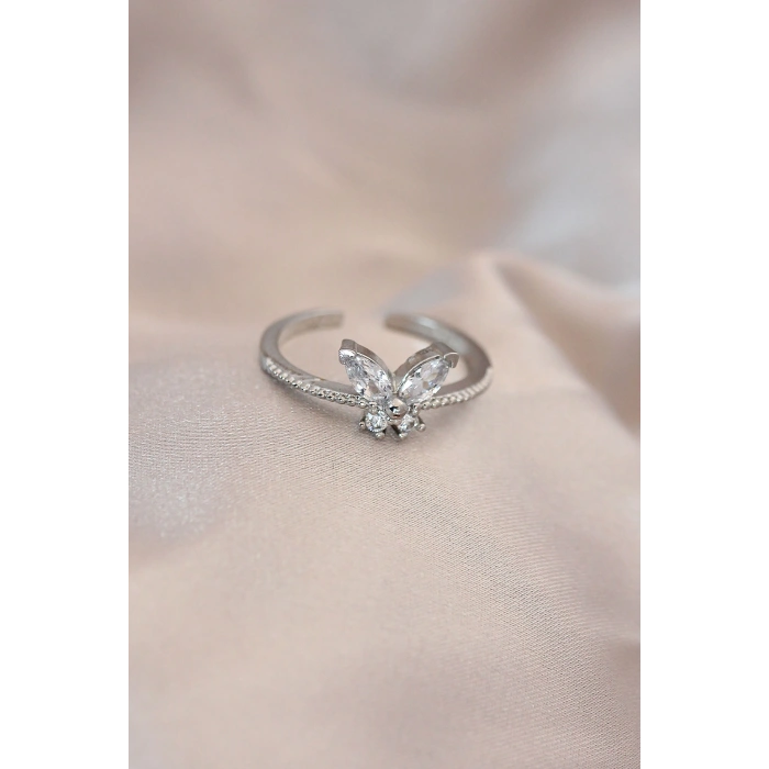 Ayarlamalı Gümüş Renk Metal Zirkon Taş ve Kristal Taşlı Kelebek Model Yüzük