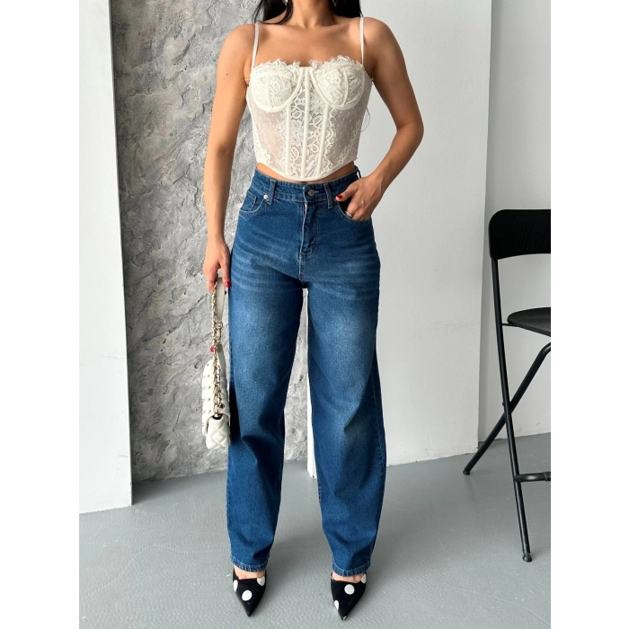 Baggy süper taş bıyık yıkama koyu mavi jeans pantolon d2007